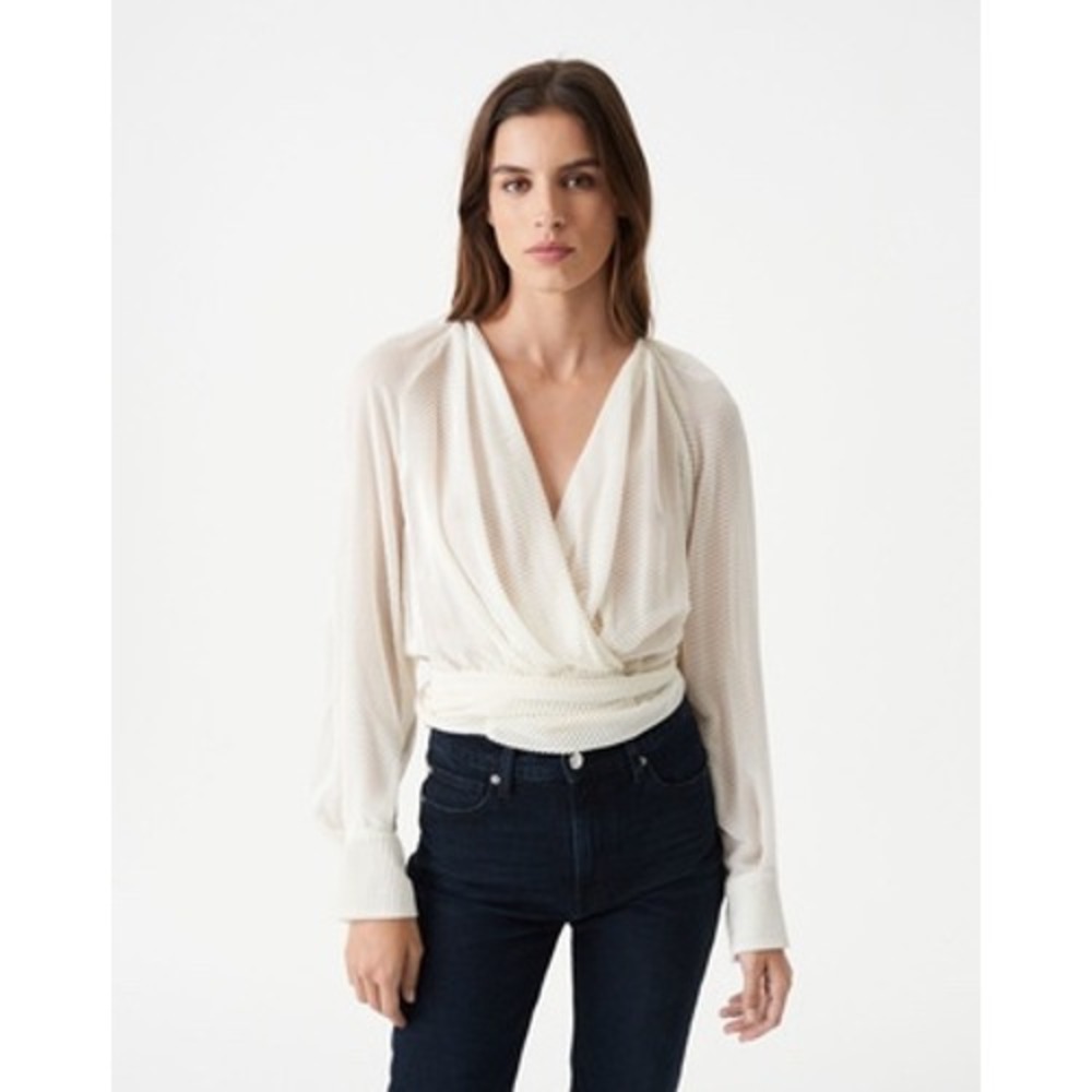 IRO Zendi Wraparound Corduroy Top Women Size 34 White Silk Blend V-Neck Blouse